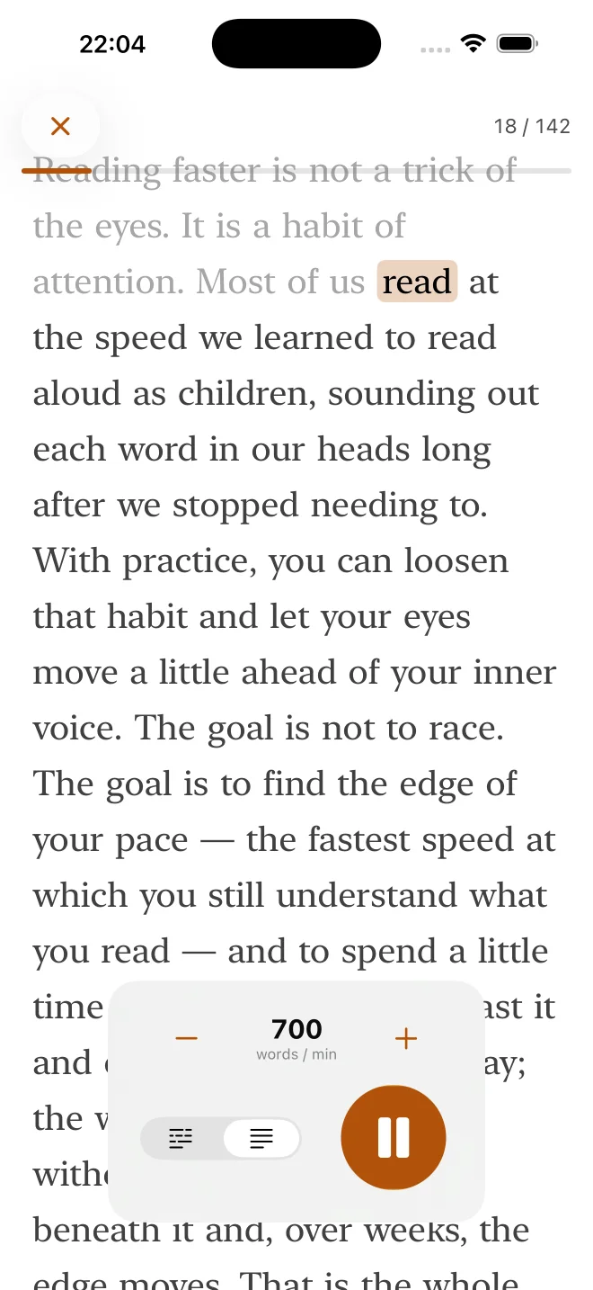 Dogear’s guided-highlight mode sweeping an amber highlight across a full page of text