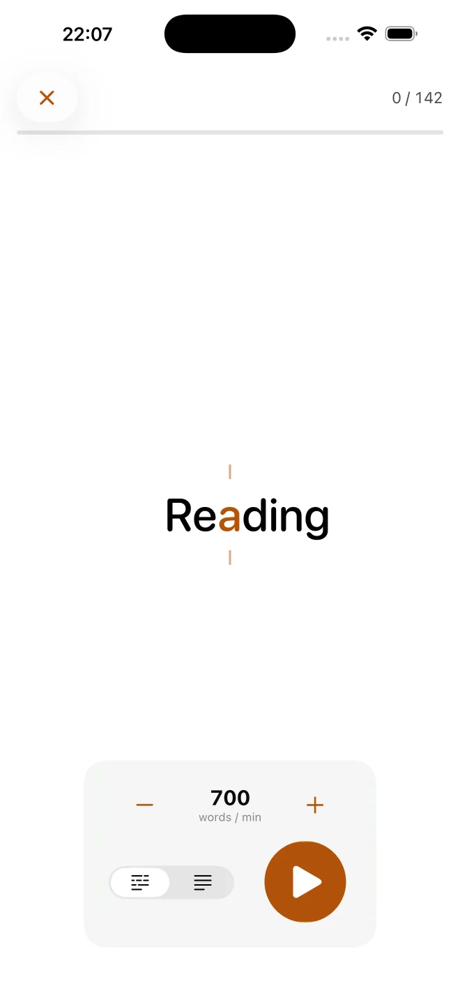 Dogear’s RSVP reader flashing the word “Reading” with its pivot letter highlighted in amber, at 700 words per minute